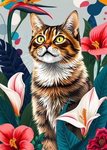 Tropikal Çiçekli Kedi Duvar Örtüsü