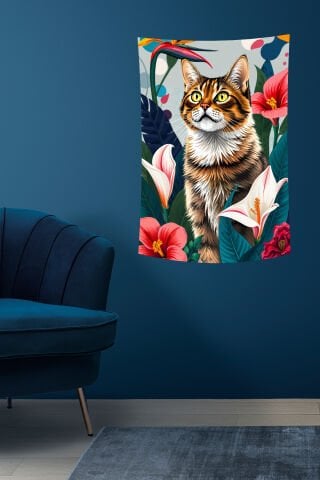 Tropikal Çiçekli Kedi Duvar Örtüsü
