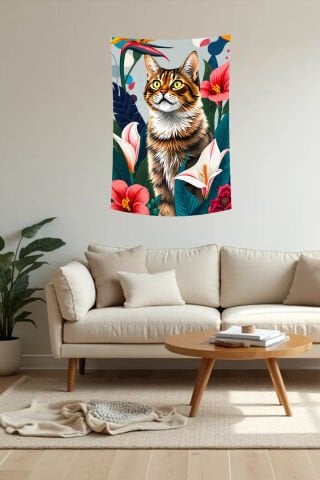 Tropikal Çiçekli Kedi Duvar Örtüsü
