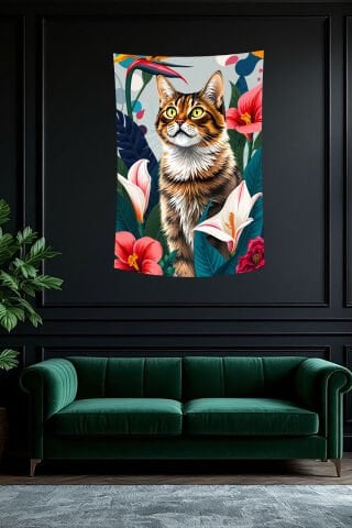 Tropikal Çiçekli Kedi Duvar Örtüsü