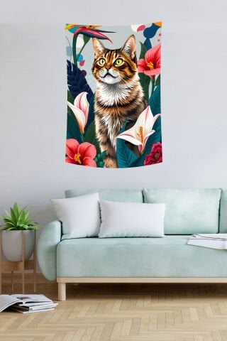 Tropikal Çiçekli Kedi Duvar Örtüsü