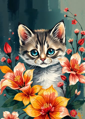 Sevimli Yavru Kedi ve Çiçek Desenli Duvar Örtüsü