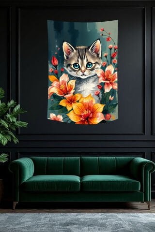 Sevimli Yavru Kedi ve Çiçek Desenli Duvar Örtüsü