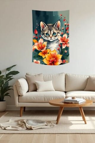 Sevimli Yavru Kedi ve Çiçek Desenli Duvar Örtüsü