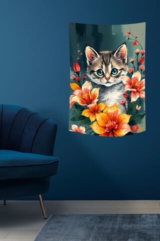 Sevimli Yavru Kedi ve Çiçek Desenli Duvar Örtüsü