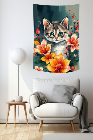 Sevimli Yavru Kedi ve Çiçek Desenli Duvar Örtüsü