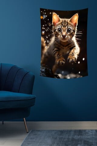 Zıplayan Yavru Kedi Desenli Duvar Örtüsü