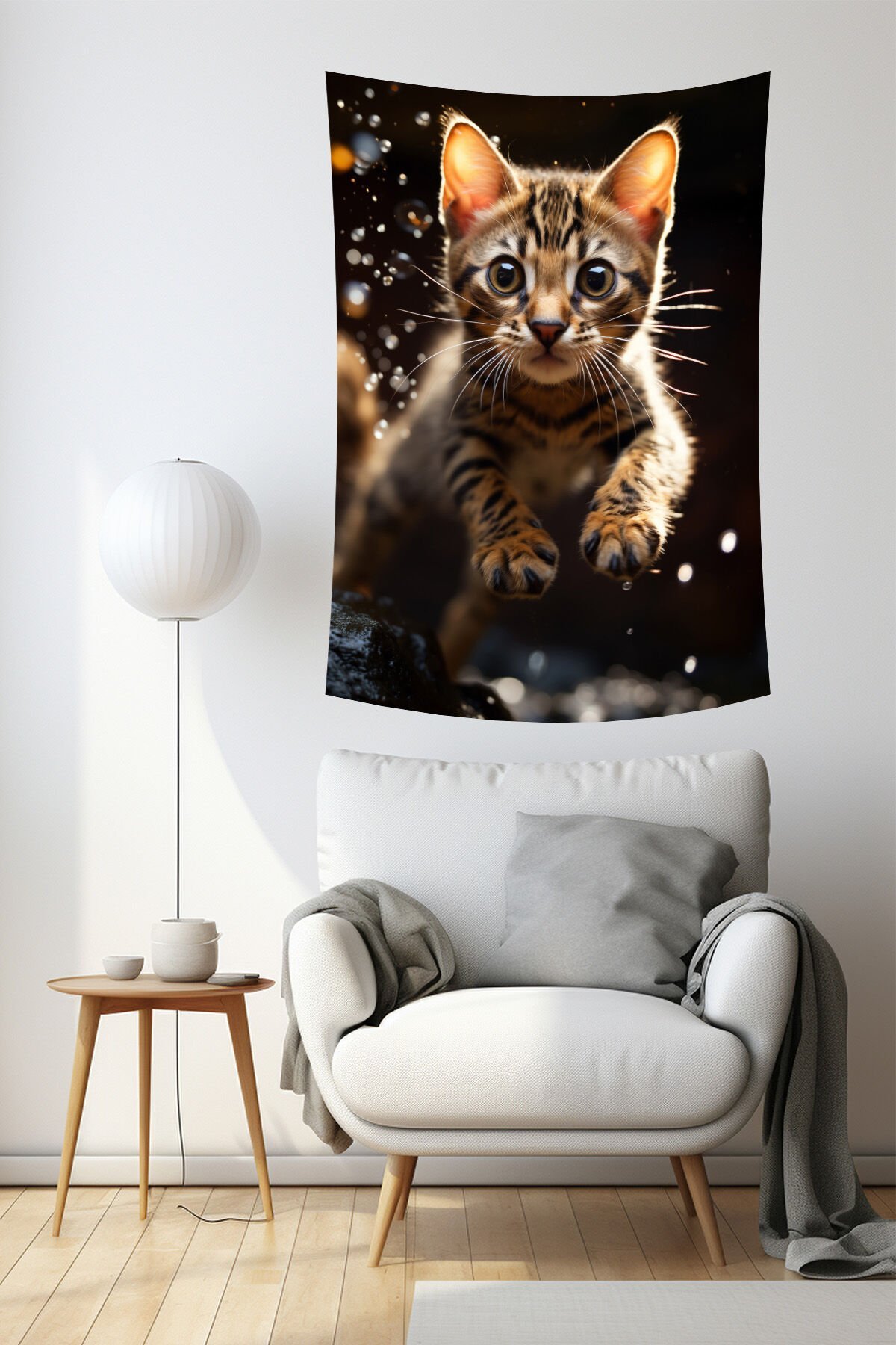 Zıplayan Yavru Kedi Desenli Duvar Örtüsü