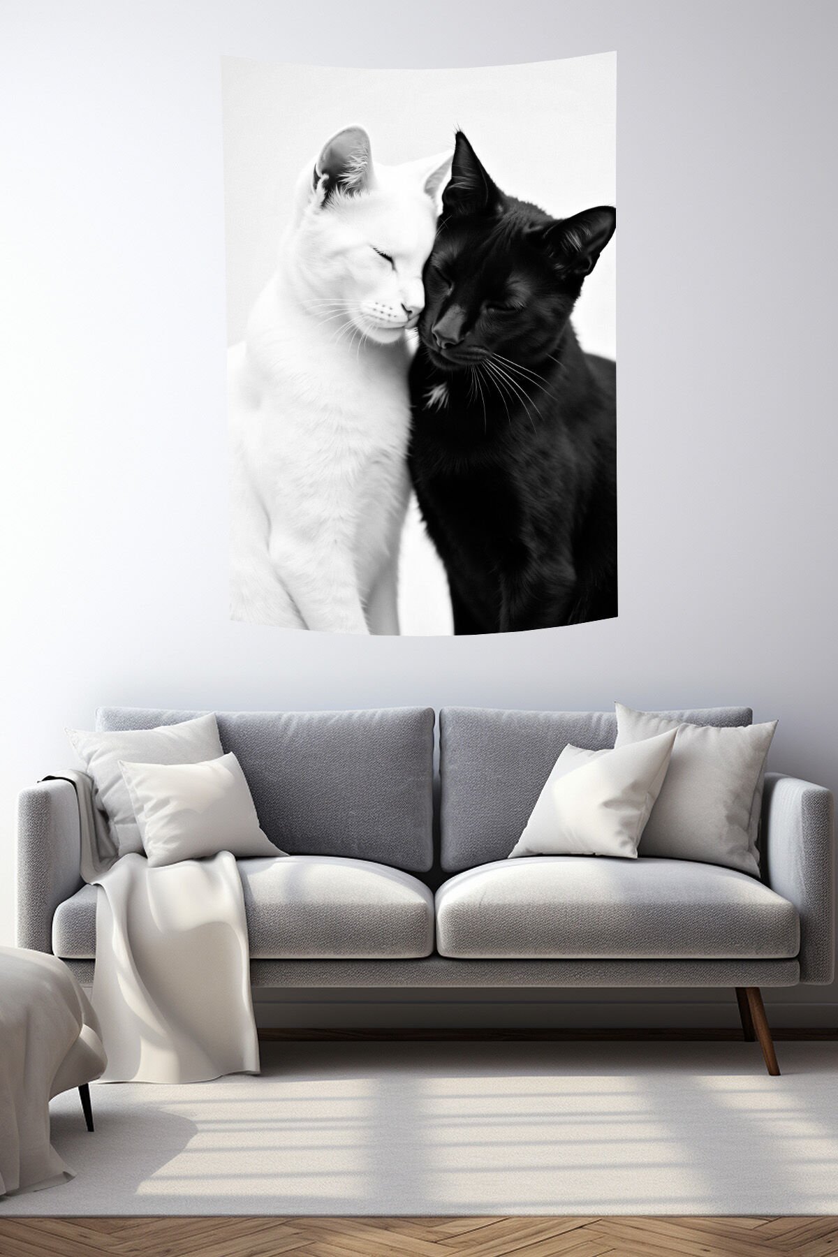 ''Siyah Beyaz Aşık Kediler Desenli Duvar Örtüsü