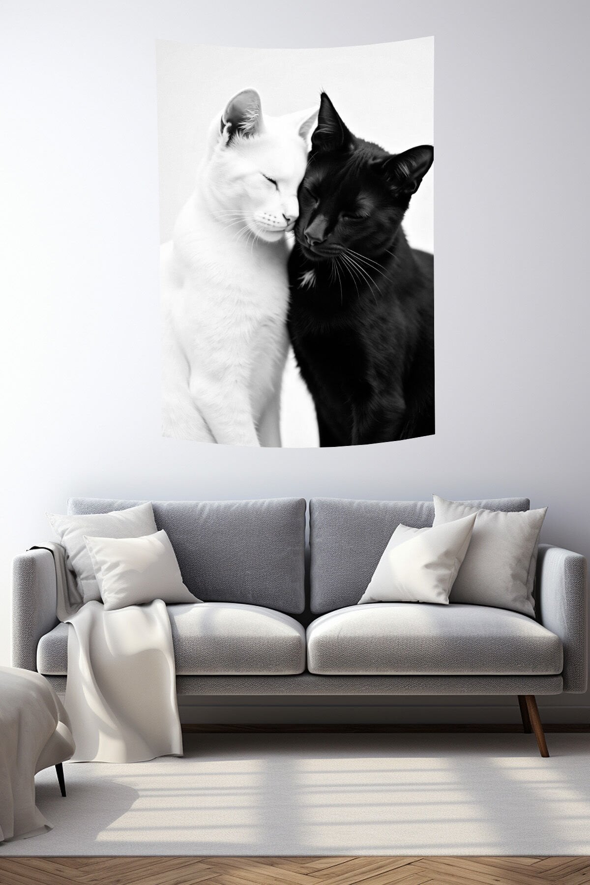 ''Siyah Beyaz Aşık Kediler Desenli Duvar Örtüsü