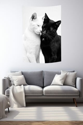 ''Siyah Beyaz Aşık Kediler Desenli Duvar Örtüsü