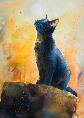 Sanatsal Siyah Kedi Desenli Suluboya Duvar Örtüsü