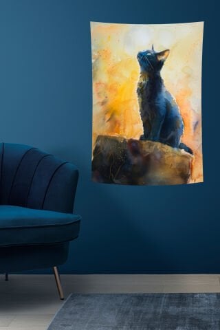 Sanatsal Siyah Kedi Desenli Suluboya Duvar Örtüsü