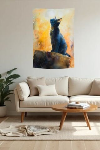 Sanatsal Siyah Kedi Desenli Suluboya Duvar Örtüsü