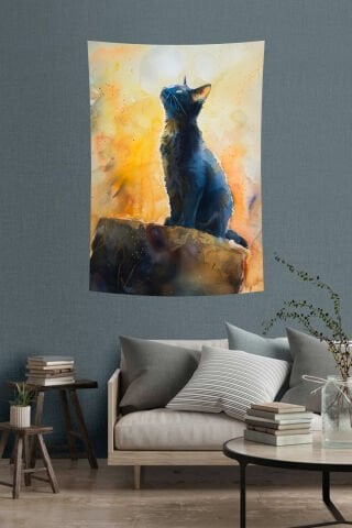 Sanatsal Siyah Kedi Desenli Suluboya Duvar Örtüsü