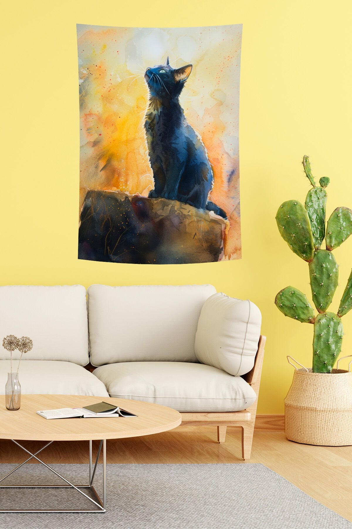 Sanatsal Siyah Kedi Desenli Suluboya Duvar Örtüsü