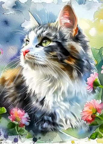 Çiçekler Arasında Tüylü Kedi Suluboya Desenli Duvar Örtüsü