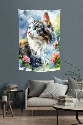 Çiçekler Arasında Tüylü Kedi Suluboya Desenli Duvar Örtüsü