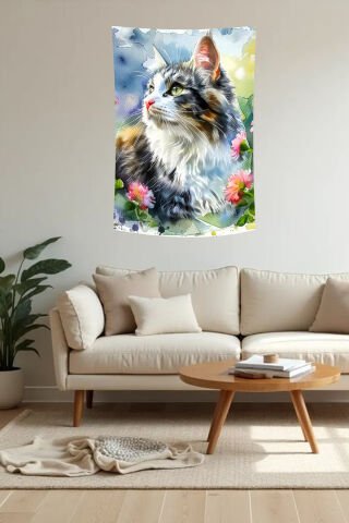 Çiçekler Arasında Tüylü Kedi Suluboya Desenli Duvar Örtüsü