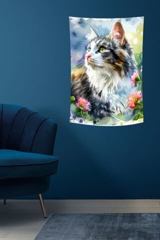Çiçekler Arasında Tüylü Kedi Suluboya Desenli Duvar Örtüsü