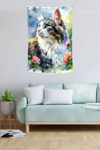 Çiçekler Arasında Tüylü Kedi Suluboya Desenli Duvar Örtüsü