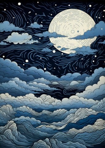 Gece Gökyüzü ve Dolunay Desenli Çizim Duvar Örtüsü