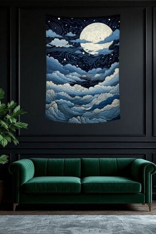 Gece Gökyüzü ve Dolunay Desenli Çizim Duvar Örtüsü