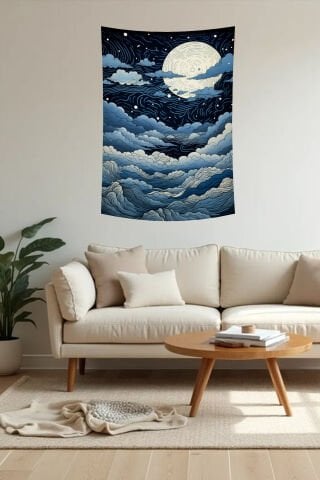 Gece Gökyüzü ve Dolunay Desenli Çizim Duvar Örtüsü