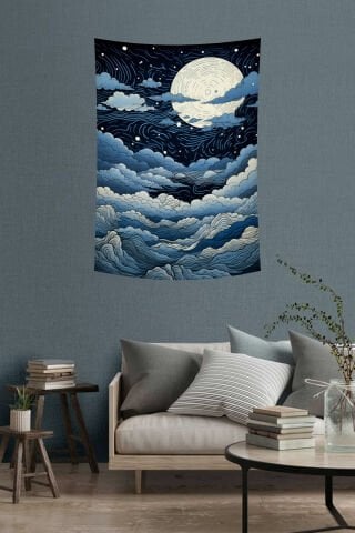 Gece Gökyüzü ve Dolunay Desenli Çizim Duvar Örtüsü