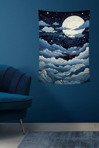 Gece Gökyüzü ve Dolunay Desenli Çizim Duvar Örtüsü