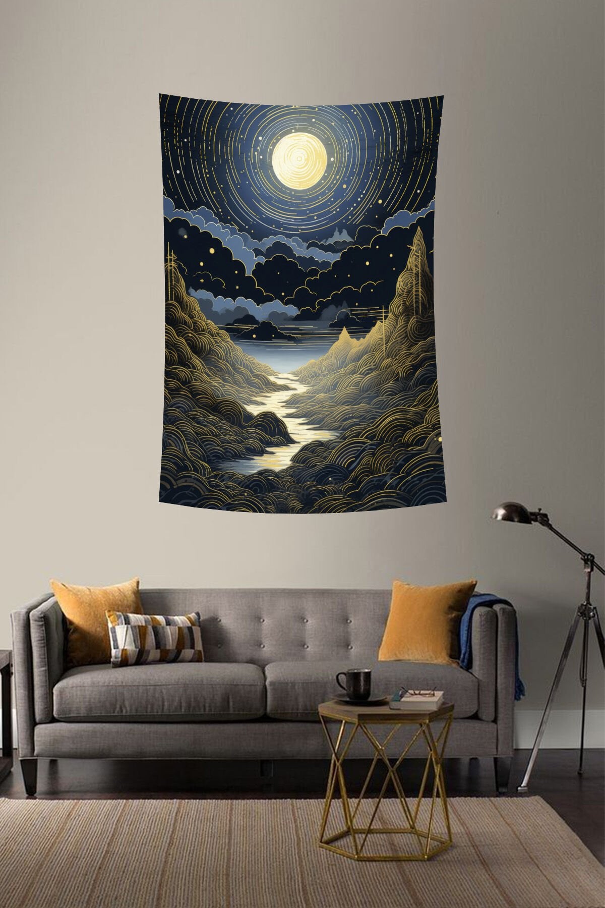 Altın Çizgilerle Gece Manzarası Duvar Örtüsü