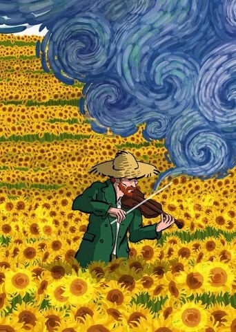 Van Gogh Esintili Ayçiçeği ve Keman Temalı Duvar Örtüsü