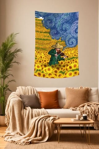 Van Gogh Esintili Ayçiçeği ve Keman Temalı Duvar Örtüsü
