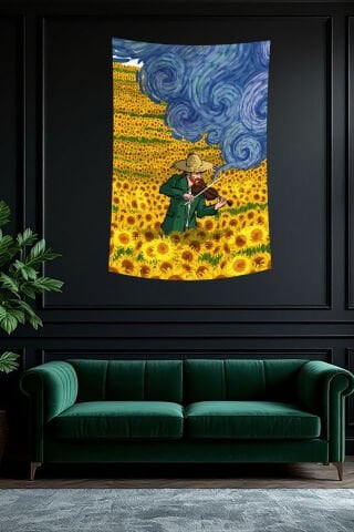 Van Gogh Esintili Ayçiçeği ve Keman Temalı Duvar Örtüsü