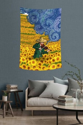Van Gogh Esintili Ayçiçeği ve Keman Temalı Duvar Örtüsü