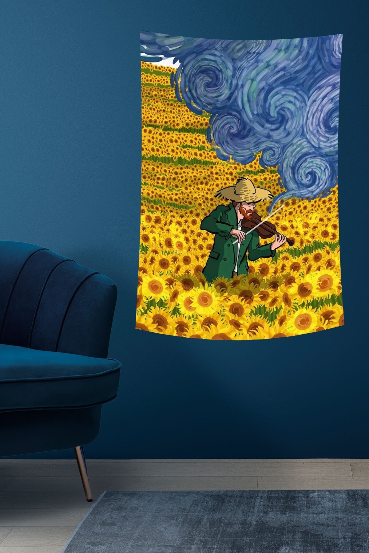 Van Gogh Esintili Ayçiçeği ve Keman Temalı Duvar Örtüsü