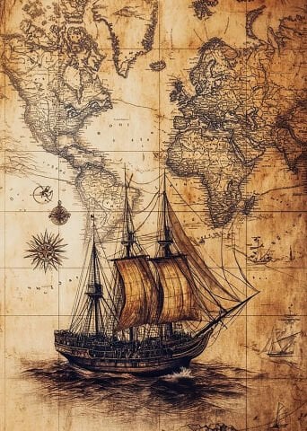 Vintage Dünya Haritası ve Yelkenli Gemi Desenli Duvar Örtüsü