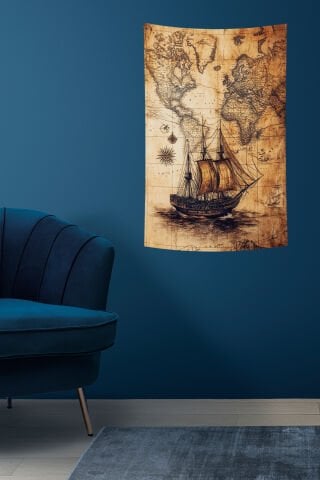 Vintage Dünya Haritası ve Yelkenli Gemi Desenli Duvar Örtüsü