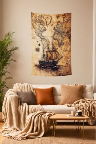 Vintage Dünya Haritası ve Yelkenli Gemi Desenli Duvar Örtüsü