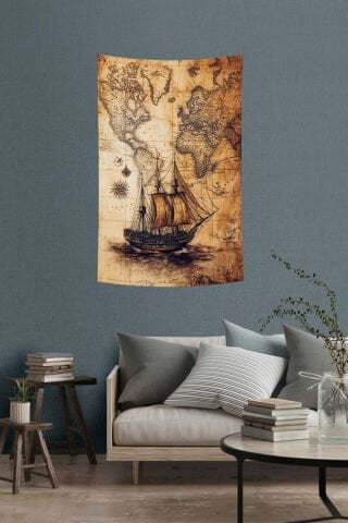 Vintage Dünya Haritası ve Yelkenli Gemi Desenli Duvar Örtüsü