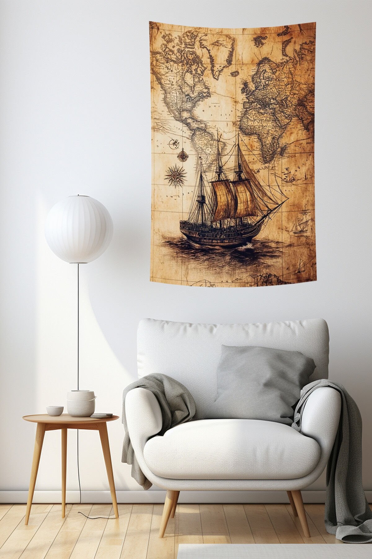 Vintage Dünya Haritası ve Yelkenli Gemi Desenli Duvar Örtüsü