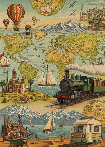 Retro Seyahat Temalı Dünya Haritası Duvar Örtüsü