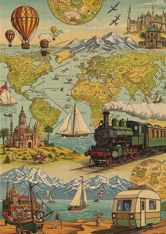 Retro Seyahat Temalı Dünya Haritası Duvar Örtüsü