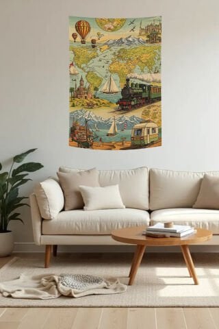 Retro Seyahat Temalı Dünya Haritası Duvar Örtüsü