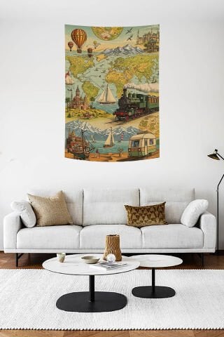 Retro Seyahat Temalı Dünya Haritası Duvar Örtüsü