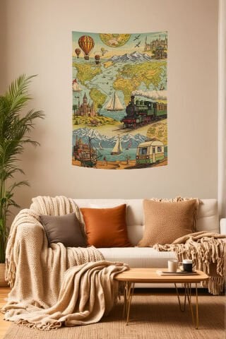 Retro Seyahat Temalı Dünya Haritası Duvar Örtüsü