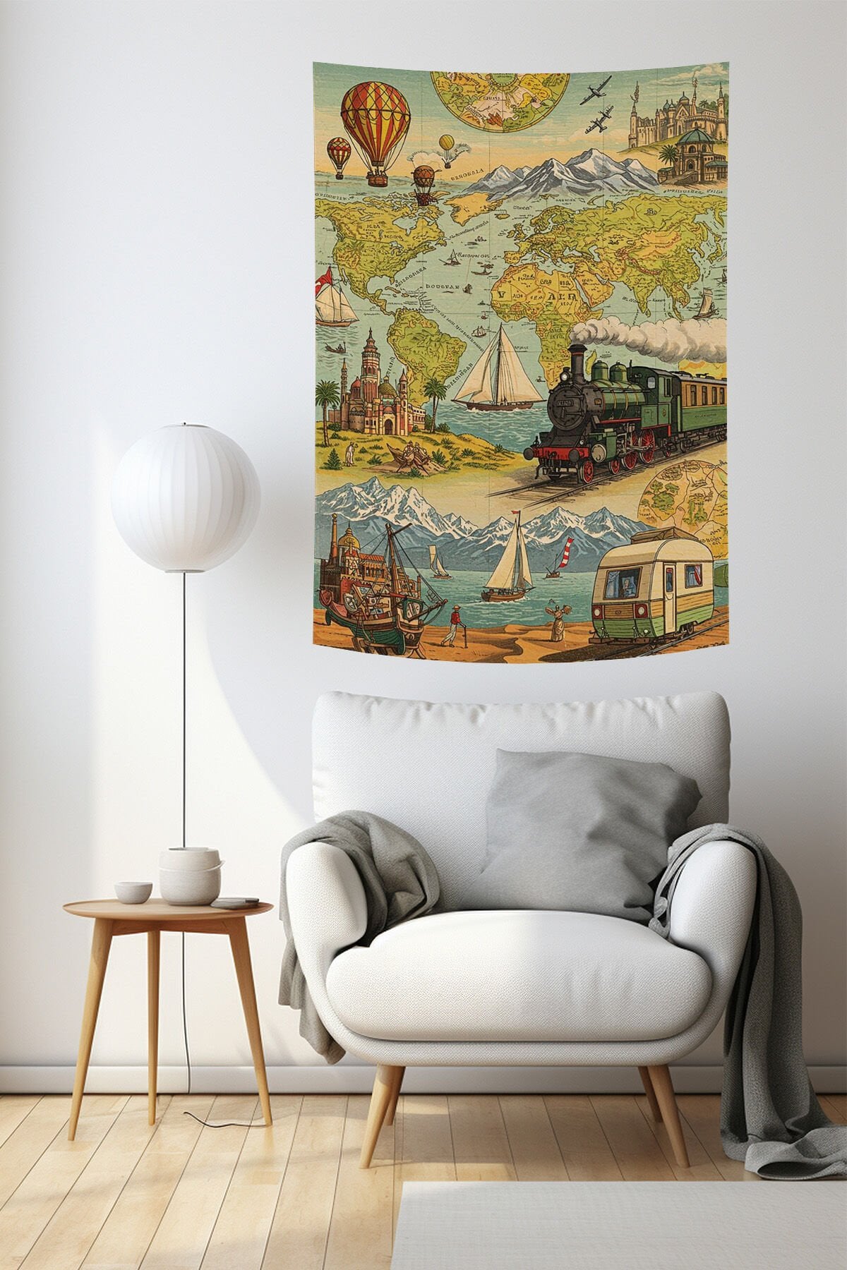 Retro Seyahat Temalı Dünya Haritası Duvar Örtüsü