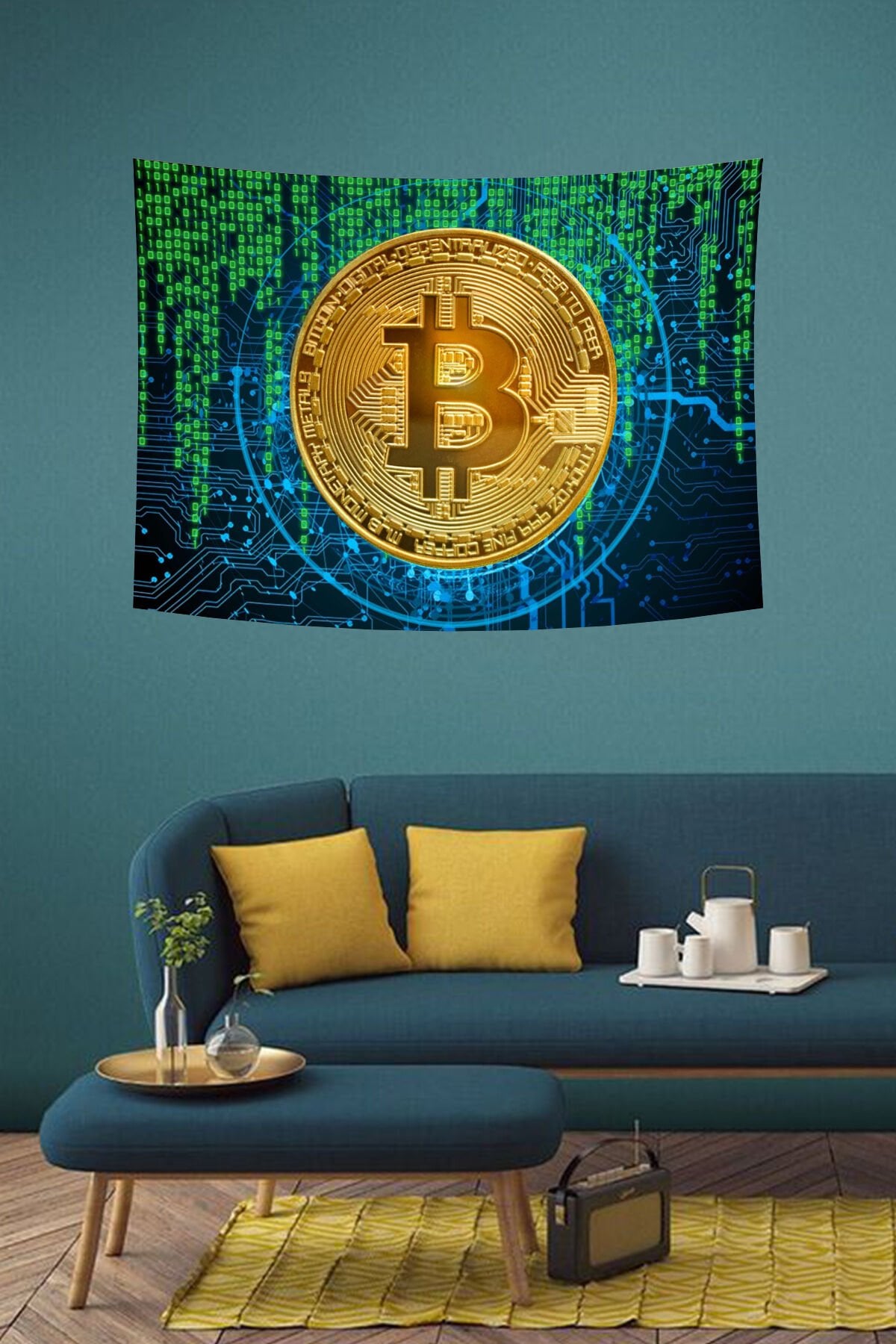 Bitcoin Dijital Desenli Duvar Örtüsü