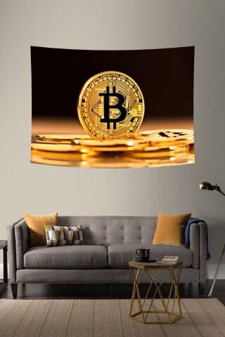 Altın Bitcoin Desenli Duvar Örtüsü