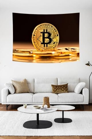 Altın Bitcoin Desenli Duvar Örtüsü